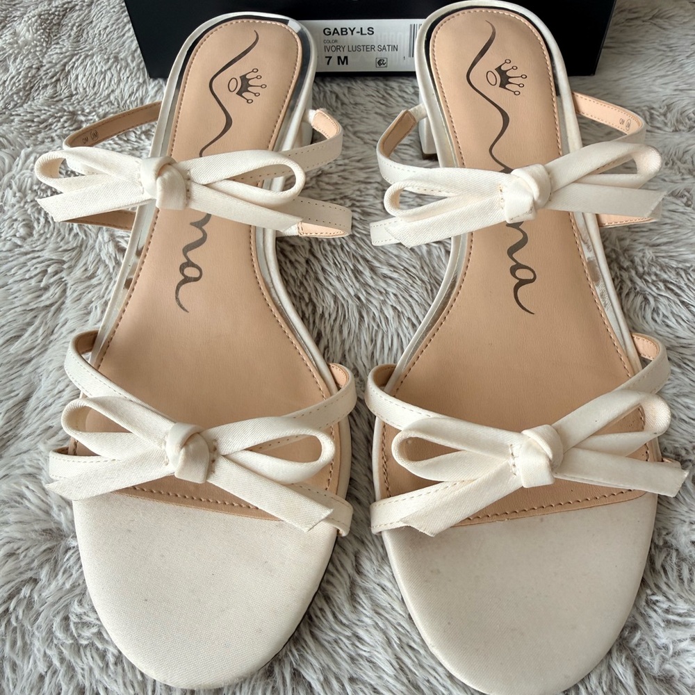Nina Ivory Satin Bow Sandals Slides Wedding, Easter, Spring